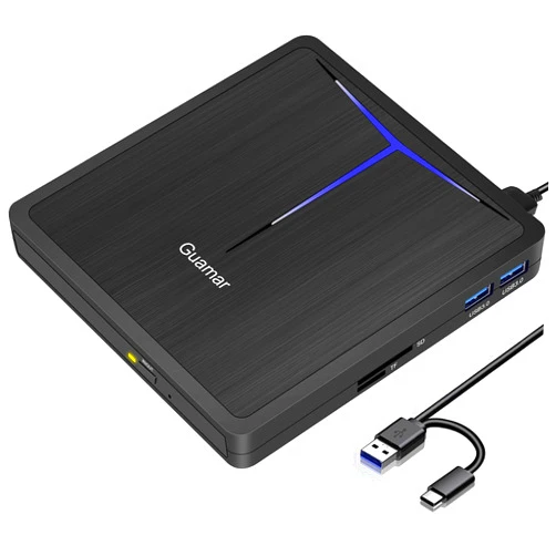 Guamar External DVD Drive, USB 3.0 DVD Player for Laptop with 2 USB/SD/TF Slot, CD Drive External USB Portable CD/DVD Burner Disk Reader Writer for PC Mac MacBook Windows 11 Linux