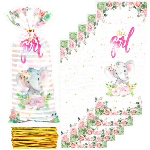 Yinder 100 Pack Pink Elephant Baby Shower Cellophane Treat Bags Cute Elephant Candy Bags Pink Elephant Baby Shower Supplies Favor Bags Goodie Bags with 150 Pieces Gold Twist Ties for Birthday Party Supplies