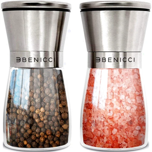 Benicci Beautiful Stainless Steel Salt and Pepper Grinder Set of 2 - Pepper Mill & Salt Mill with Adjustable Coarseness - Glass Spice Shakers - Easy Clean Ceramic Grinders w/Spoon & Cleaning Brush
