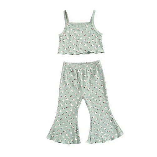 Ilyhaha Toddler Kids Baby Girl Flare Outfits Strap Crop Tank Top Wide Leg Pants Bell Bottoms Summer Casual Clothes Set, 5-6 Years, Green