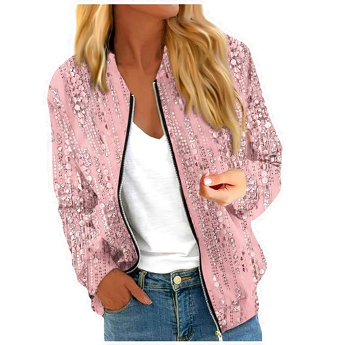FlekmanArt Women's Bomber Jacket Zip Up Long Sleeve Jacket with Pockets Solid Color Running Sweatshirts Jackets
