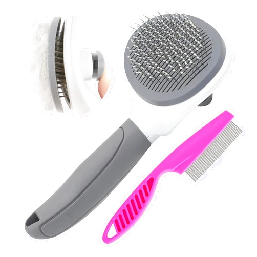 KALAMANDA Cat Brushes for Indoor Cats, Dog Brush for Shedding with Metal Cat Comb, Self Cleaning Pet Hair Brush with Release Button for Grooming Kitten(Grey)