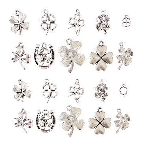 KitBeads 100pcs Lucky Four Leaf Charm 10 Styles Tree Leaf Charms Furtune Tibetan Lucky Leaf Charms for Jewelry Making Bulk