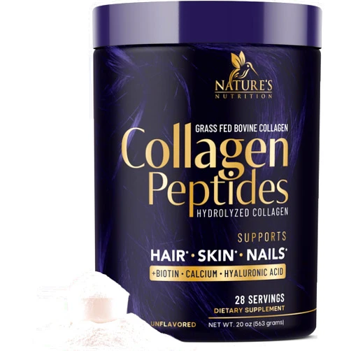 Nature's Nutrition Collagen Peptides Powder - Vital Support for Hair, Nail, Skin, Bone & Joint Health - Nature's Zero Sugar, Unflavored, 18g Bovine Collagen Powder with Biotin & Hyaluronic Acid - 28 Servings