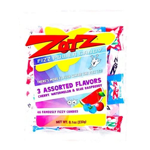 Zotz Fizz Power Candy Assorted - Fruit Flavored Hard Candy with a Fizzy Center | 230g Bag, Single Pack | Cherry, Watermelon & Blue Raspberry | Gluten-Free