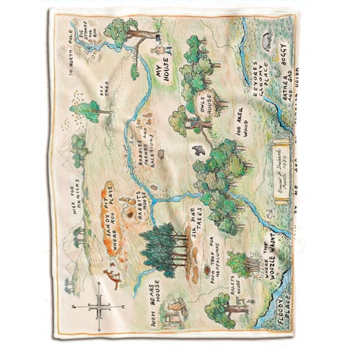 ZBIGTEE 100 Acre Wood Map Jungle Blanket, Blanket, Custom Blanket Cartoon Cute Blanket Flannel Fleece Throw Anime Blanket for Kids Teens Adults Warm Super Soft Cozy Bedding