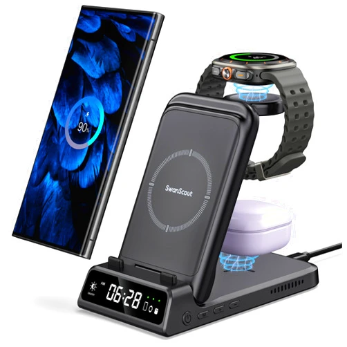SwanScout Charging Station for Samsung S24 Ultra Watch 7 Ultra, SwanScout 703S, Wireless Charger for Samsung Galaxy S24+/S24/S23 Ultra/S23/S22/Note 20, Galaxy Watch 6/5/4, Galaxy Buds (for Travel)