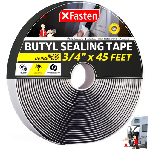 XFasten Butyl Tape RV Black, 3/4 in x 45 Ft, 1/8 in Thick EDPM Butyl Rubber Sealant Tape - Roof Patching, Boat Sealing, Leak Proof Butyl Putty Tape