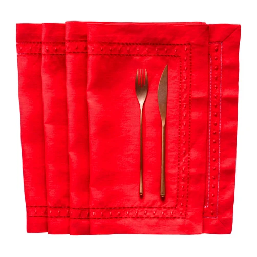 O'lucio Authentique Home Linen Placemats 14 x 19 inch - 100% Linen Red Placemat with Embroidered Dot Set of 4 - Hemstitch Placemat Washable for 4th of July