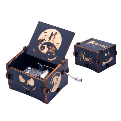 Ddjbdb Happy Halloween Nightmare Christmas Wooden Music Box Engraved Hand Crank Musical Box Gifts for Valentine's Day Christmas Birthday Thanksgiving Days Black