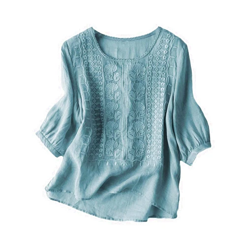 Generic Women Linen Shirts Embroidered 3/4 Sleeve Crew Neck Boho Gauze Tops 2025 Summer Lightweight Ladies Blouses Loose Fit Tunics