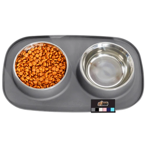 Gorilla Grip 100% Waterproof BPA Free Cat and Dog Bowls Silicone Feeding Mat Set, Stainless Steel Bowl Slip Resistant Raised Edges, Catch Water, Food Mess, No Spills, Pet Accessories, 1 Cup, Gray