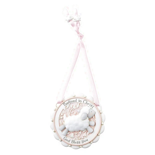 Creative Brands CB Catholic Faithworks-Baptized in Christ Resin Crib Medal, 3.5-Inch, Pink - Lamb