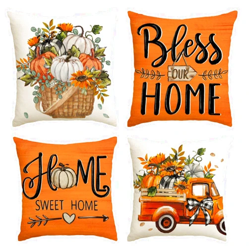 AVOIN colorlife Fall Pumpkin Home Sweet Home Orange Throw Pillow Covers, 18 x 18 Inch Seasonal Autumn Bless Our Home Decorations for Sofa Couch Set of 4