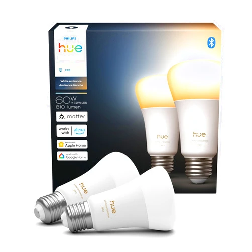 Philips Hue Smart LED A19 Bulb, White Ambiance, E26 Base, 7.2W, Full Spectrum Light 1000K-20000K, 810 Lumens, Dimmable, Works with Alexa, Google, and Apple Home, 2pk