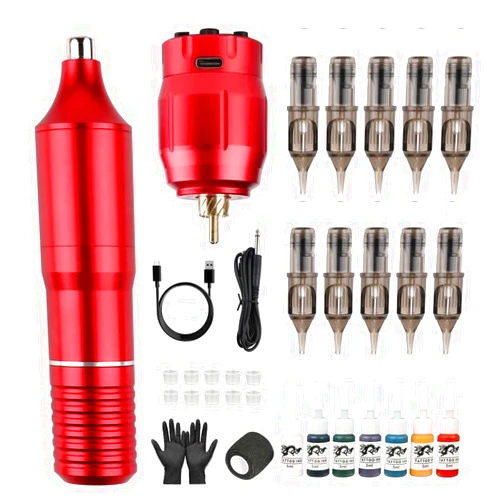 IFERO Professional Rotary Tattoo Machine kit Wireless Tattoo Machine Pen With 10pcs Cartridge Needles LCD Tattoo Power Supply (Red)