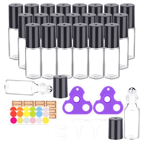 Easytle Essential Oil Roller Bottles 24 Pack 5ml Clear Glass Roller Bottles for Oils (96 Pieces Labels, 2 Opener, 4 Funnels, 4 Dropper) Roll on Bottles with Stainless Steel Roller Balls and Caps