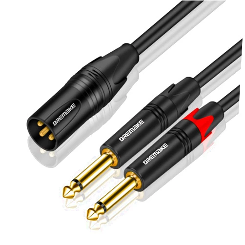 DREMAKE 3-Pin XLR Male to Dual 6.35mm 1/4'' TS Mono Microphone Patch Cable, 6FT Male XLR to Double 6.35mm TS Y Splitter Converter Cable, Dual 1/4 Inch Mono to XLR Male Mic Audio Adapter Cord for Mixer