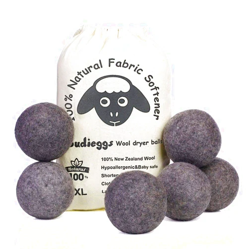 Budieggs Wool Dryer Balls Dark Grey XL 6-Pack, 100% New Zealand Organic Fabric Softener for 1000+ Loads, Baby Safe & Hypoallergenic, Reduce Wrinkles & Shorten Drying Time Naturally (6pcs Grey-XL)