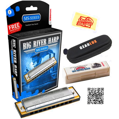 Hohner Big River Harp MS Harmonica - Key of A Bundle with Case, Pouch, Online Manual, and Austin Bazaar Polishing Cloth