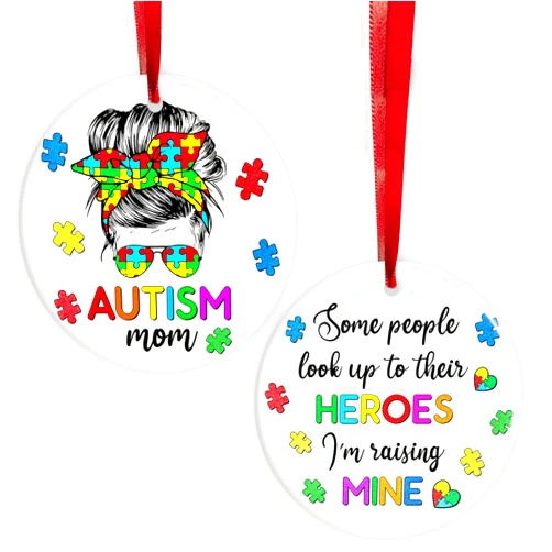 BEETHIS Autism Mom Puzzle Piece Ornament 2.8″ Ceramic “Some People Look Up to Their Heroes, I’m Raising Mine” Autism Awareness Gift for Mother of Autistic Child, Support Keepsake Decor 2025, GiftBox Included