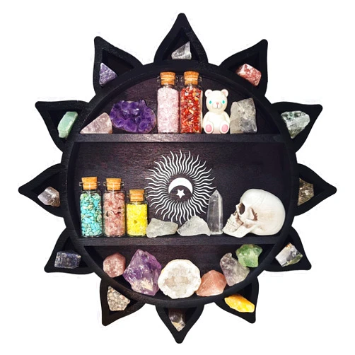 FNYDOX Crystal Shelf Display for Wall, Crystal Display Shelf Chakra Wooden Lotus Flower Crescent Moon Shelf Wall Decor, Decorative Home Floating Shelf Stone Storage Gem Holder Boho Hanging Organizer