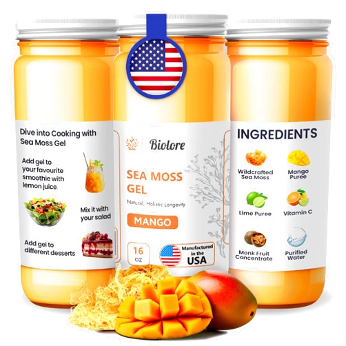 Biolore Sea Moss Gel 7700mg Mango Made in USA Raw Wildcrafted Irish Seamoss Essential Vitamins Trace Minerals Vegan Superfood for Immune Support, Jam, Jelly & Sweet Spread Gifts (Mango 16OZ)
