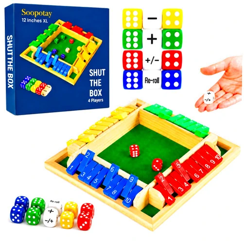 Soopotay Upgraded 12-inch Shut The Box Game, Easy Quick and Fun Educational Math Game with 2 Symbolic Dice, 1-4 Players Wooden Board Games for Family Night Classroom Party, Tabletop Games for Kids Adult Senior