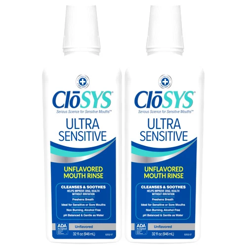 CloSYS Ultra Sensitive Mouthwash, Unflavored Alcohol Free, Dye Free, pH Balanced, Helps Soothe Entire Mouth – 32 Oz (Pack of 2)