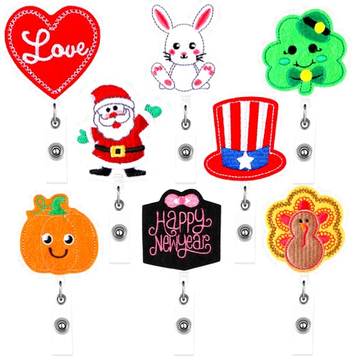 Zonon 8 Pieces Holiday Badge Reels Gnome Badge Holder Felt Embroidered Retractable Badge Reel Holder with Alligator Clip for Christmas Nurse Doctor Employees (Lovely Style)