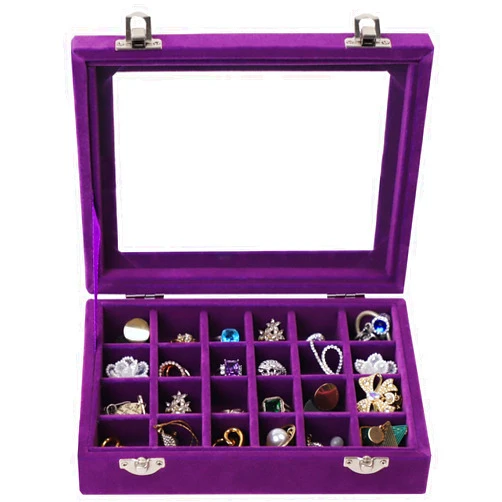 EONGOA 24 Grid Velvet Jewelry Tray for Drawers Detachable Earrings Holder Organizer Earring Case Jewelry Showcase Box Glass Clear Lid Showcase Display Storage Ring Trays (Purple)