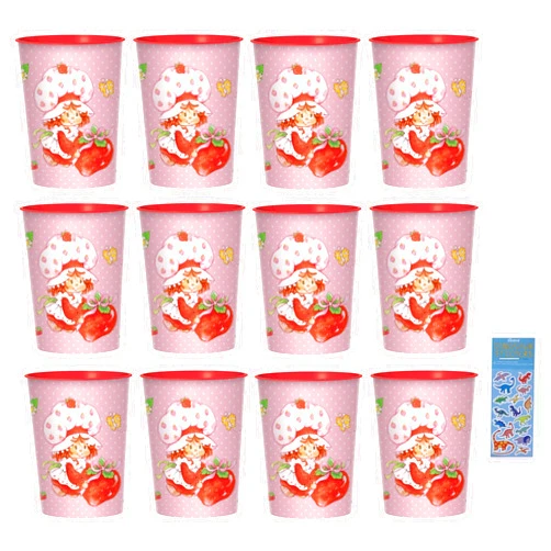 Amscan Strawberry Shortcake Birthday Party Supplies Bundle includes 12 Plastic Reusable Cups 16oz and 1 Dinosaur Sticker Sheet