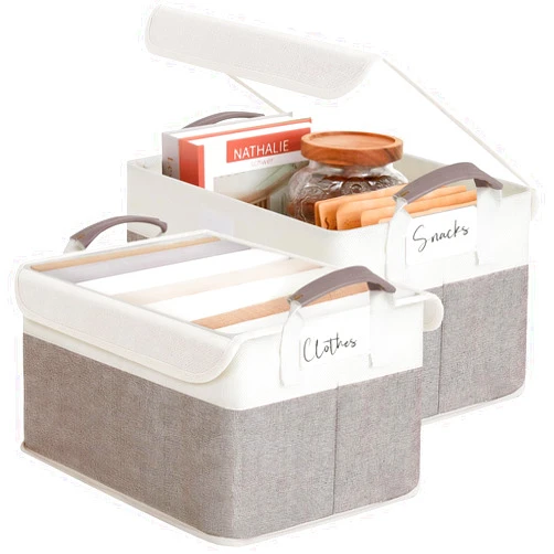 LoforHoney Home Storage Bins with Lids, Large Storage Basket with Handles for Shelves, Foldable Fabric Storage Box with Metal Frame for Home,Office, Beige&Light Gray,2-Pack