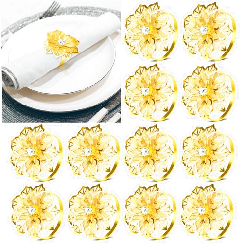 IECO Flower Napkin Rings, Set of 12 Gold Floral Napkin Rings Holders Hollow Out Metal Exquisite Household Napkin Rings for Wedding Banquet Holiday Dinner Party Home Christmas Table Setting Decorations