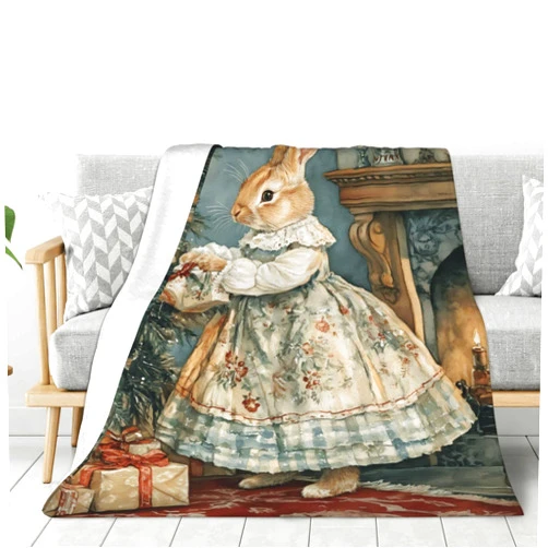 Buewutiry Throw Blanket for Couch Sofa and Bed - Christmas Retro Bunny Super Soft Lightweight Comfy Fuzzy Throw Blanket, Warm Cozy Plush Flannel Blanket & Throws for All Season