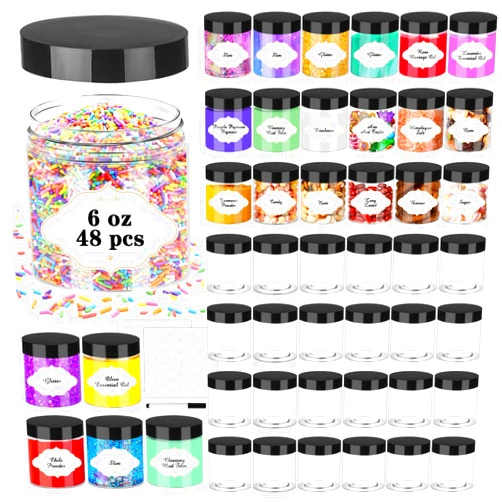 PeacePeo Plastic Jars with Lids, 48 Pcs 6 OZ Slime Containers with Screw On Lids Clear Round Plastic Storage Jars Refillable Container Jars Plastic for Travel Storage Home Kitchen Food