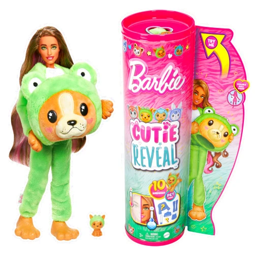 Barbie Cutie Reveal Doll & Accessories with Animal Plush Costume & 10 Surprises Including Color Change, Puppy as Frog in Costume-Themed Series