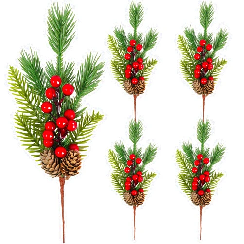 Ecmln 5 Pack Christmas Artificial Pine Picks Red Berry Pine Needles Stems with PineCones for Christmas Crafts Xmas Tree Wreath DIY Floral Arrangements Party Festive Home Season Decorations