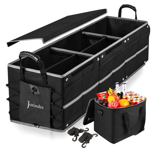 Jorindes Collapsible Trunk Organizer for Car with Insulated Leak proof Cooler Bag, 3 Compartments SUV Cargo Organizer Removable Dividers, 5 in1 Car Storage Organizer with Foldable Lid,2 Tie-Down Straps(Black)