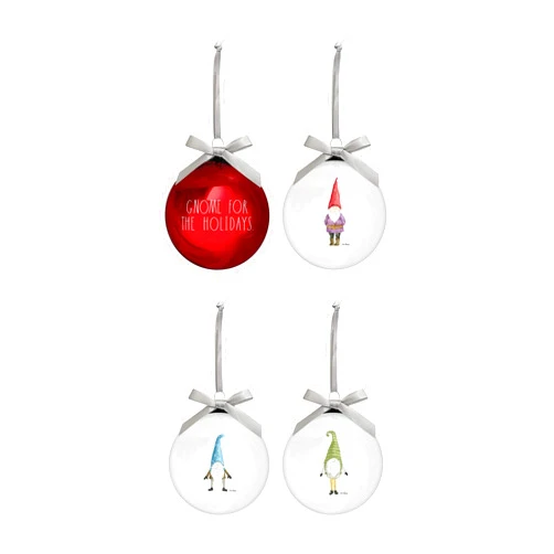 Rae Dunn Christmas Ornaments - Set of 4 Red and Clear Glass Balls - Gnome for The Holidays - 80mm Large Hanging Holiday Decorations for Xmas Tree