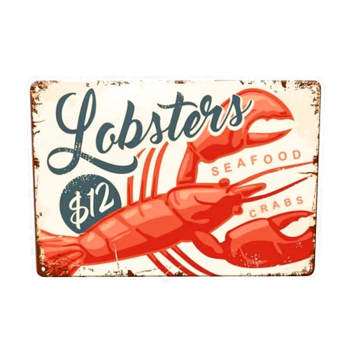 LOVEJIA Lobsters And Crabs Sign Vintage Metal Tin Sign Seafood Restaurant Advertising Wall Decor, Template Fish Market Metal Signs Tin Signs for Bar Pub Club Store 8 x12 inch (CTP-16)