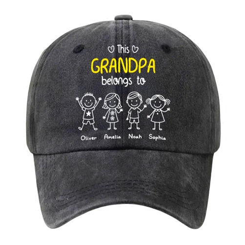 VELMORAS This Grandpa Belongs to Us - Personalized Custom Vintage Washed Denim Cap - Grandpa Personalized Denim Cap – Custom Hat for Men, Grandpa Birthday Gift, Dad Hat, Father’s Day Present