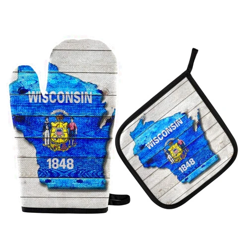RsebidR Wisconsin Flag Map Oven Mitts Pot Holders Sets Heat Resistant Gloves Potholder Hot Pads Mat for Kitchen Cooking Baking Microwave Grill BBQ
