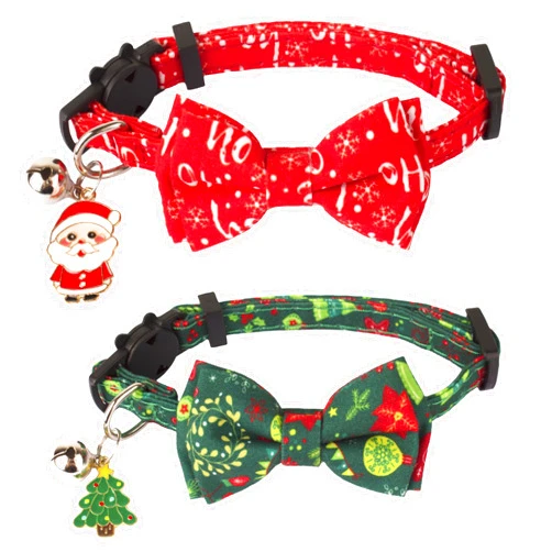 ADOGGYGO Christmas Cat Collar Breakaway with Bowtie Bell - 2 Pack Cat Christmas Bowtie Collars Red Green Xmas Cat Collars with Removable Bow Pet Christmas Collars for Cat Kitten (Christmas)