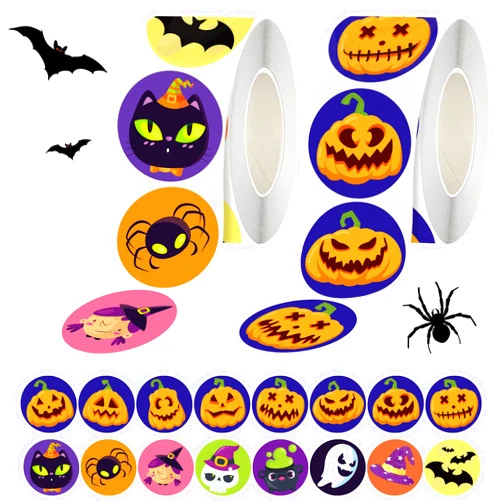 Riccioofy Halloween Party Favors - 1000 PCS Halloween Stickers - Halloween Pumpkin Bat Spider Stickers Roll,16 Colors and Designs - Kids Halloween Games Treats Crafts Gifts Party Supplies[Halloween Decorations]
