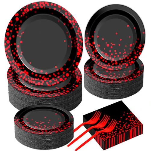 Gisgfim 50 Guests Red and Black Birthday Party Supplies Set Red Dot on Black Disposable Plates Napkins Red and Black Tableware Set Party Papaer Dinnerware for Birthday Graduation Wedding Decorations 200Pcs
