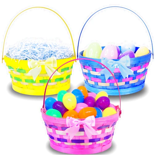 TURNMEON 3 Pcs Easter Baskets for Kids, Colorful Bamboo Woven Easter Egg Hunt Buckets with Handle, Easter Kids Multi Item Party Favor Packs for Picnic Preschool Classroom Prizes Spring Decor Gifts
