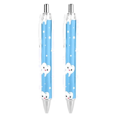 Zenladen0010 Teeth Dentist Dentistry Dental Retractable Ball Point Pens 0.5mm Blue Ink Fine Point Stylus Writing Pens 2 PCS