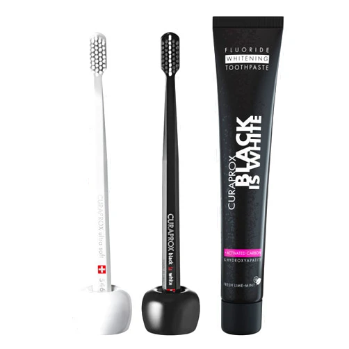 Curaprox CS 5460 Toothbrush Set, 2 Toothbrush Holders and Activated Charcoal Toothpaste, Home Kit, Black is White