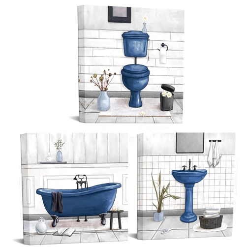 HOMEOART Bathroom Wall Art Bath Tub Painting Picture Bathroom Wall Decor Framed Ready to Hang 12x12inchx3,Deep Blue